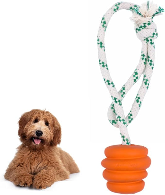 Green Sheep Tug & Enrichment Dog Toy, Interactive Rope Ball Toy with Removable Cotton Rope, Treat Dispensing Natural Rubber Dental Chew Toy for Medium and Large Dogs，Orange