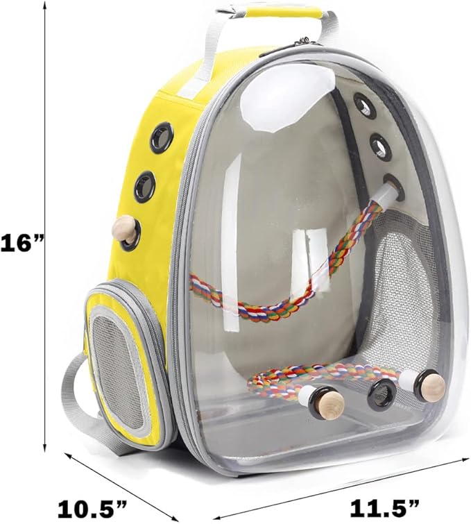 Bird Traval Carrier Cage, Clear Space Capsule Astronaut Backpack to Carry Parakeet Cockatiel Parrot with Metal Tray Wood Perch Bird Feeder, Vet Transport School Bag