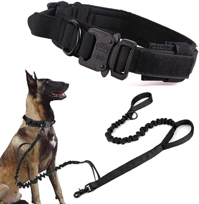 Xqpetlihai Tactical Dog Collar and Leash Set Adjustable Military Nylon Dog Collar with Control Handle and Heavy Duty Metal Buckle for Large Dogs （Black L