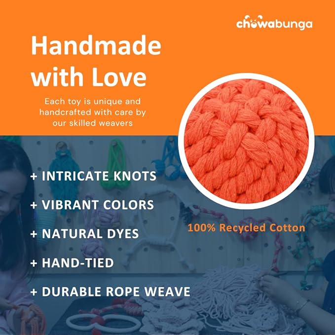 Ollie the Octopus Dog Toy Tough 4 Inch Handmade Eco Cotton Rope Dog Toy Octopus with Natural, Non-Toxic Dyes - Dog Octopus Toy for Small Dogs (Orange, Small)