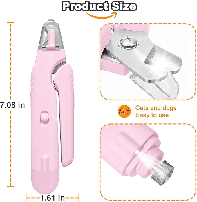 2-in-1 Dog Nail Grinder & Dog Nail Clippers Trimmers for Large Medium Small Dogs Cats Pets Claw Trimmer with LED Lights (Pink)
