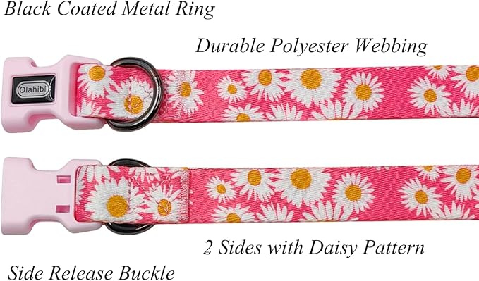 Dog Collar and Leash Set, Cute Pink Daisy Pattern, Polyester Material, 5ft Leash, for Medium Dogs.(Medium,Pink Daisy)