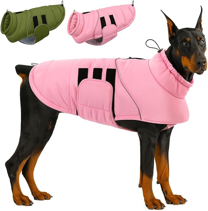 ASENKU Extra Warm Dog Coat with Fleece, Reflective Puffer Jacket, Adjustable with Zippered Leash Hole for Large Dogs, Winter Clothes (Pink, 2XL)