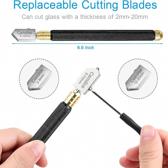 Glass Cutter 2mm-20mm, Upgrade Glass Cutter Tool, Pencil Style Oil Feed Carbide Tip for Glass Cutting/Tiles/Mirror/Mosaic. | 3 Cutting Ranges, Carbide Wheels, Automatic Oil Feed, Pencil Grip, Storage Case, Glass Cutter for Mirrors & Stained Glass