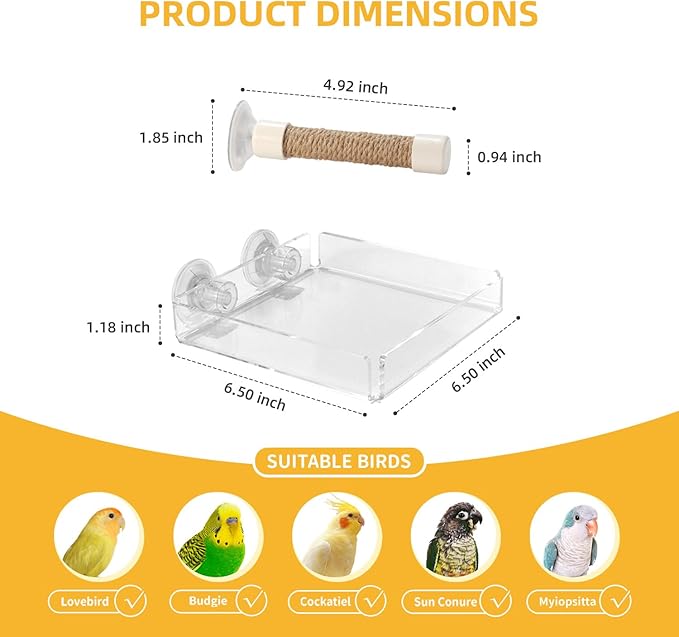 2-in-1 Bird Perch with Removable Tray | Suction Cup Bird Perch with Locking Guard & Feeder Tray | for Small and Medium Birds Like Parakeets, Cockatiels, Lovebirds, Conures(Clear,Medium)