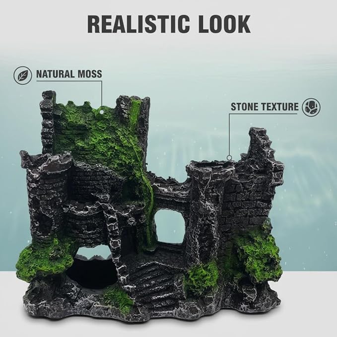 Mipukbay Green Aquarium Decor Castle, Resin Fish Tank Decoration Ornament for Freshwater/Saltwater, Safe Landscape Rock Cave Hideout for Betta Fish, Goldfish and Aquatic Pets