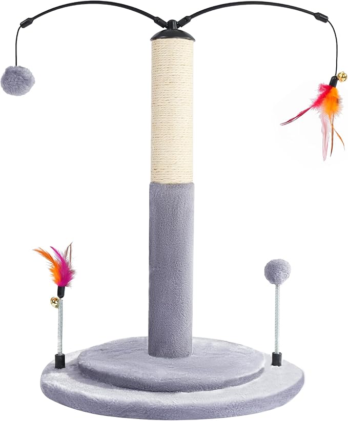 YUNIQUE Cat Scratching Post with Sisal Rope, Small Cat Tree with Dangling Balls & Feather for Kittens (Grey, 20.9‘’)