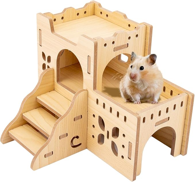 Natural Wood Hamster Habitat Hideout Cage Accessories, Maze Cabin with Fun Slide & Double-Decker House, Exercise Toys for Dwarf Hamsters, Gerbils, Mice, Other Small Animals(Only for Small Hamster A)