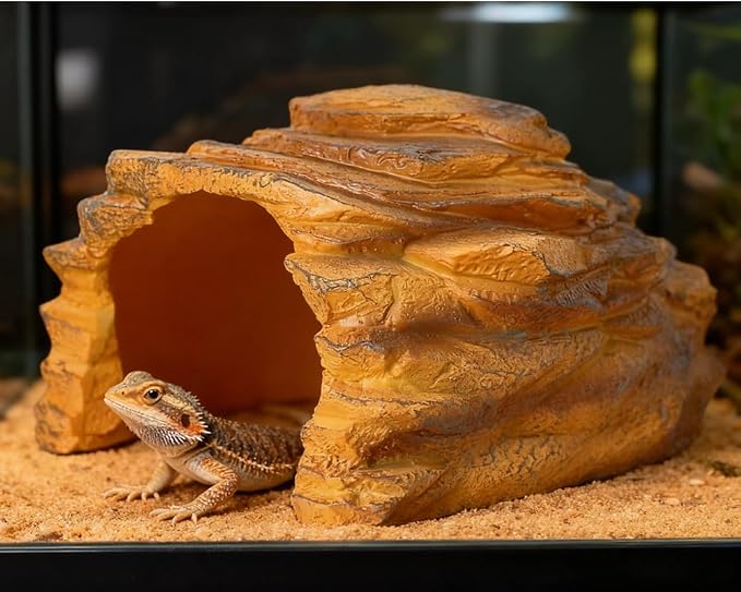 Resin Reptile Hideout,Large Rock Cave Habitat Decor for Reptile and Amphibians.Rock Basking Platform,Terrarium & Aquarium Decor for Bearded Dragons,Lizards,Snakes,Turtles,Gecko,Tortoises,Small Animals