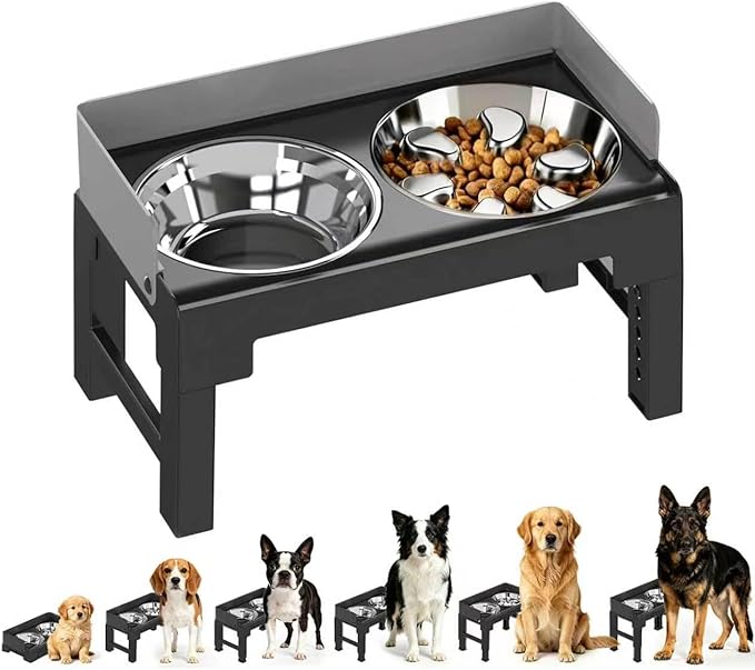 PAKEWAY Elevated Dog Bowls, Spill Proof, Tiltable Pet Feeder with 1 Stainless Steel Bowl &1 Stainless Steel Slow Feeder Bowl, 6 Height Adjustable Raised Dog Bowls Stand for Medium Large Dogs