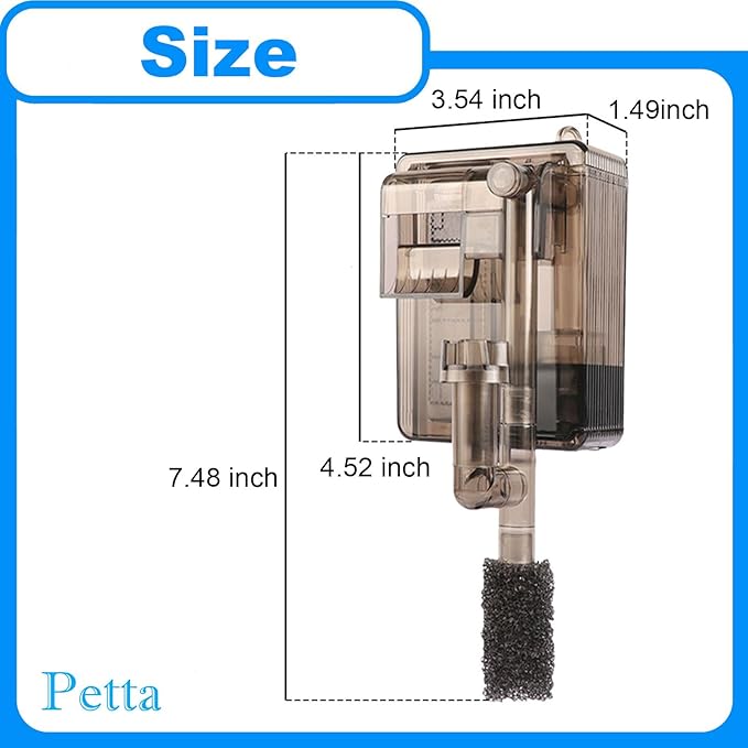 Slim Aquarium Filter with Surface Skimmer,Quiet Hang on Back Fish tank Filter (A-1) for 1-10 Gal Aquariums, 53GPH(200L/H), 3W, 1 Pre-filter Sponge, 1 Filter Pad