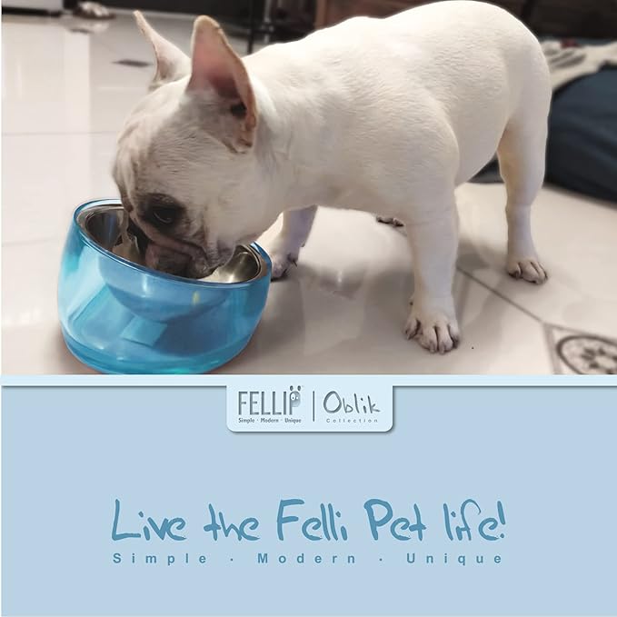 Felli Pet Oblik Acrylic Raised Dog Food Water Bowl Stainless Steel Slanted Oval Dish for Short Leg Puppy & Small Medium Pet, Elevated Tilted Metal Feeder (Sapphire, 1.5 Cups Oval Dish)