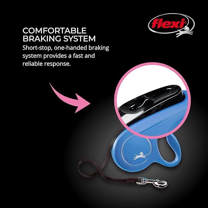 FLEXI New Classic Cord Retractable Dog Leash for Small Dogs up to 26 lbs. – 16 ft., Blue | Tangle-Free Pet Walking Leash with One-Handed Brake, Pause, Lock|German Quality Product