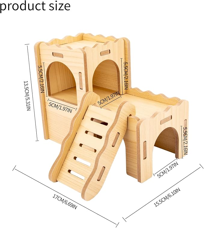 Natural Wood Hamster Habitat Hideout Cage Accessories, Maze Cabin with Fun Slide & Double-Decker House, Exercise Toys for Dwarf Hamsters, Gerbils, Mice,Other Small Animals(Only for Small Hamster C)