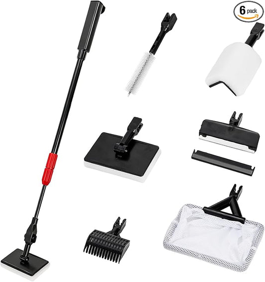 TOPZEA 6 in 1 Aquarium Cleaning Tool Kit, Fish Tank Cleaner Set with Adjustable Telescopic Long Handle (21-32 Inch) Include Algae Scraper, Scrubber Pads, Fish Net, Tube Cleaning Brush, Gravel Rake