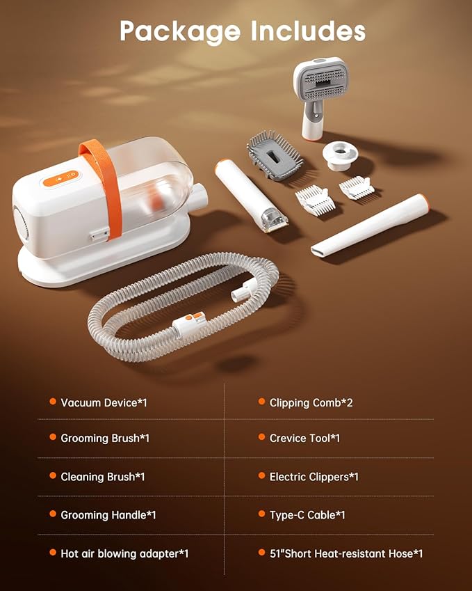 LOMMOL 6-in-1 Dog Grooming Kit, Pet Grooming Vacuum with Dog Clippers, 2.2L Dust Cup Dogs Vacuum with Dryer Function, Low Noise Upgrade Dog Grooming Vacuum with 6 Tools for Home Pet Hair, Orange