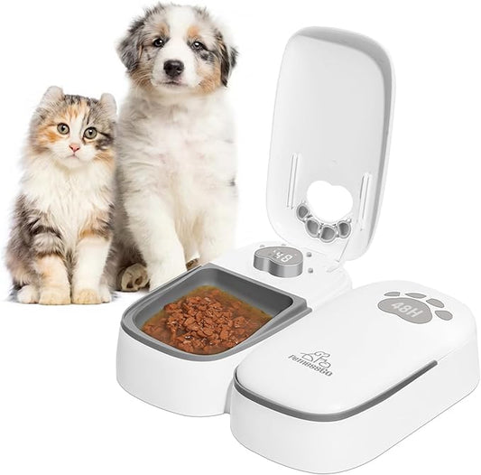 Automatic Cat Feeder 2 Meal, 48H Timer Wet Dry Cat Food Dispenser, with Display and Power Saving Mode, for Cat and Dog Automatic Feeder