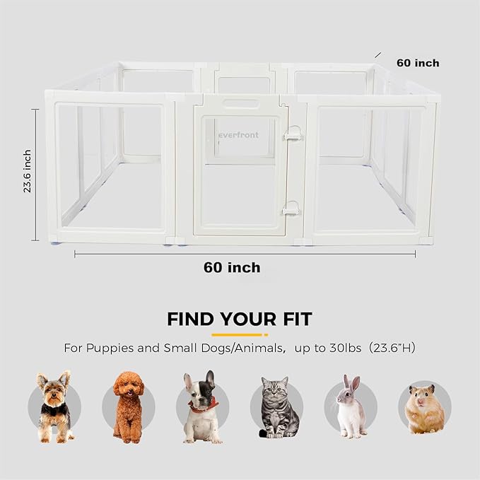 EVERFRONT Clear Acrylic Plastic Dog Playpen - Clear Dog Play Pen - Easy Assemble Acrylic Dog Playpen - Puppy Playpen, Small Animal Playpen, Dog Play Pen Indoors (White, 23.6", 12PCS Divider)