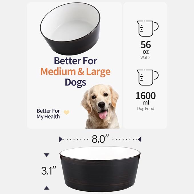 Black Elevated/Raised Dog Bowl Ceramic with Wood Stand for Medium Large Breed,Dog Food Water Dish Heavy Wighted,8 in Non Slip Modern Cute Porcelain Pet Bowl Extra Large Wide Mouth