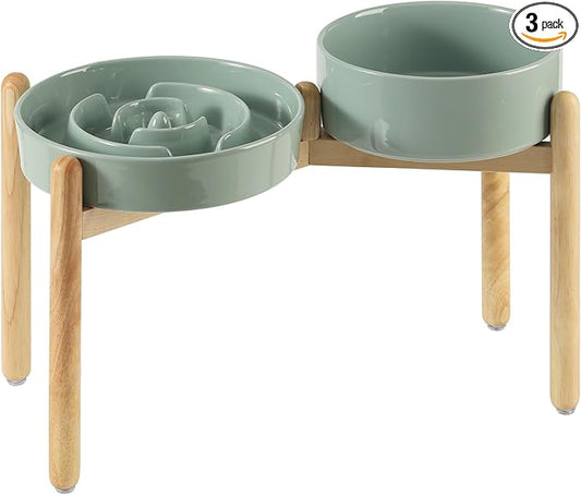 Havniva 3.2 Cup Ceramic Raised Slow Feeder Dog Bowl Set, Elevated 8.2inch Bowl and 9.5inch Puzzle Slow Food Dish with Wooden Stand for Large Dog, Anti-Gulping (2 x Light Green+ Stand)