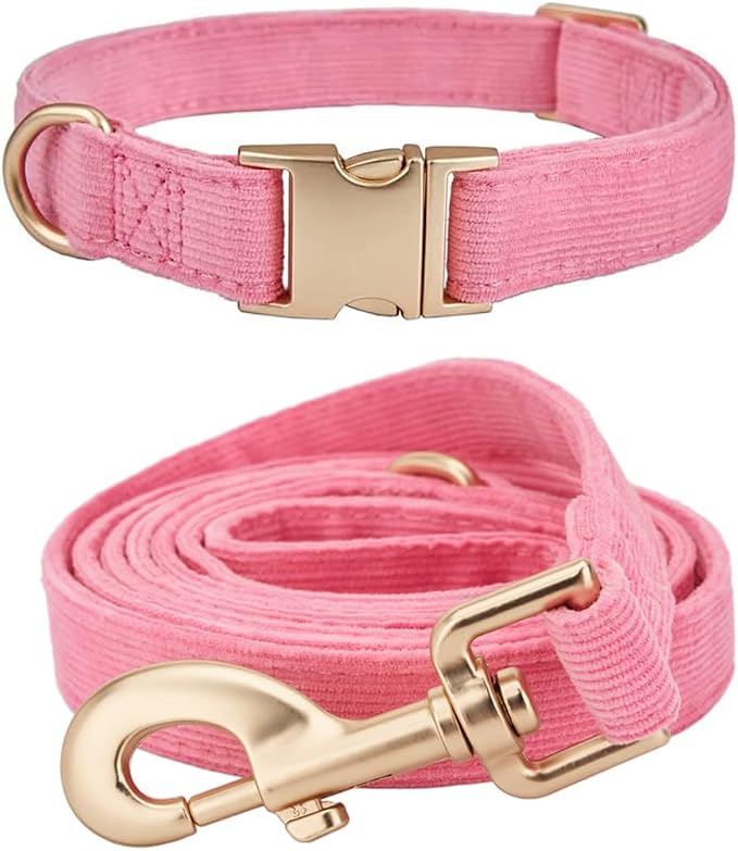 Soft Corduroy Dog Collar and Leash Set Adjustable Durable Dog Collars with Metal Buckle and Lead for Female Small Dogs,Hot Pink