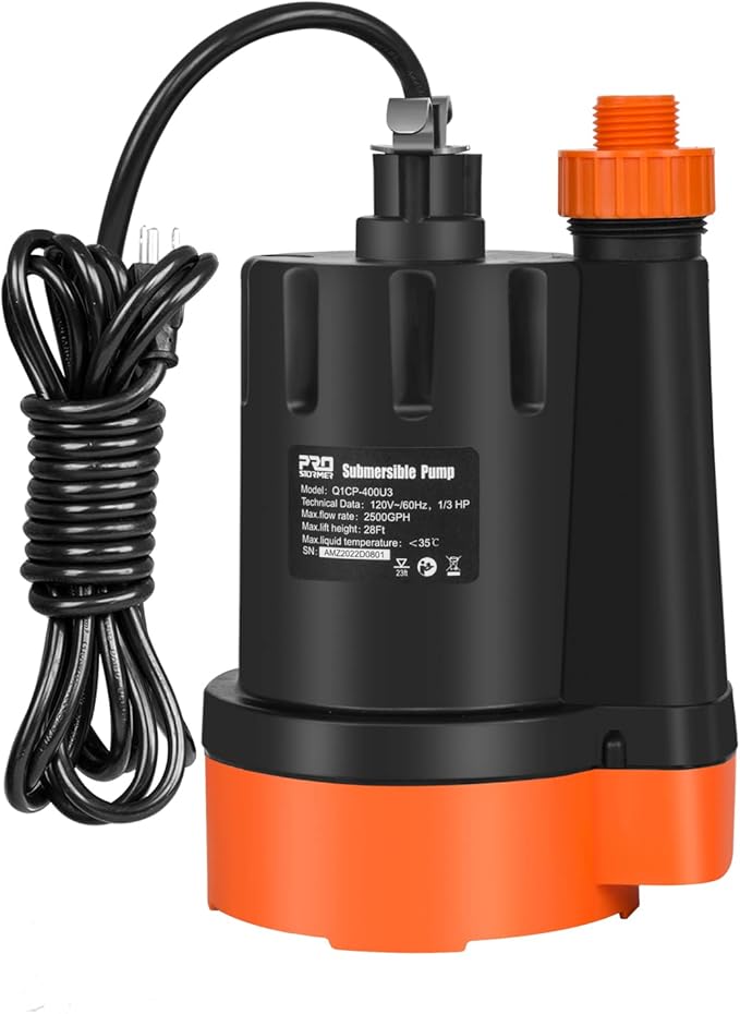 Submersible Water Pump, 1/3HP 2500GPH Utility Pump Portable Electric Clean Water Drainage Pump for Pool Draining, Flooding, Swimming Pool and Basement