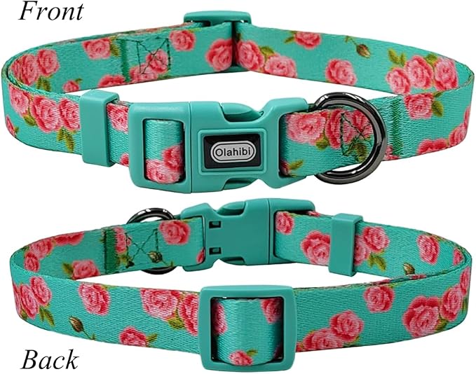 Dog Collar Leash Set, Floral Pattern, Polyester Material, Adjustable Collar and 5ft Matching Leash, for Medium Dogs.(M, Green Rose)