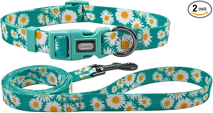 Dog Collar and Leash Set, Cute Daisy Pattern, Polyester Material, 5ft Leash, for Small Dogs.(Small,Green Daisy)