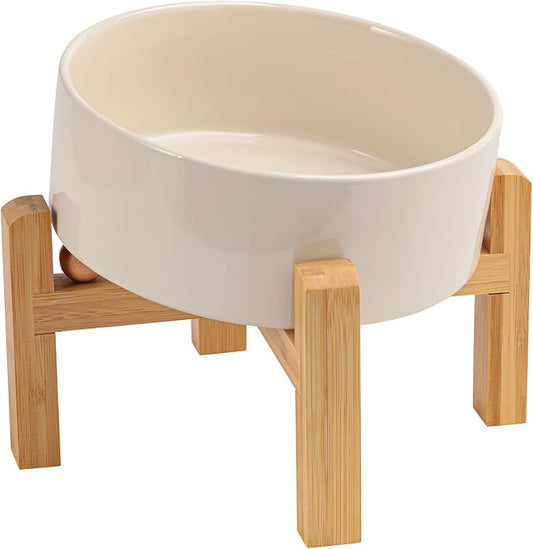 Elevated/Raised 15°Tilted Anti Slip Ceramic Dog Bowl for Small/Medium Breeds,Slanted Bulldog Big Face Pet Food Water Feeding Dish with Stand for Cats and Dogs (3.6 Cups/28 OZ) Beige