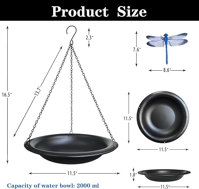Hanging Bird Bath Outdoor 11.5" Metal Bowl with 15.5 in Rust-Proof Chains,Weather-Resistant Garden Birdbath with Magnetic Dragonfly for Backyard Decor,Matte Black
