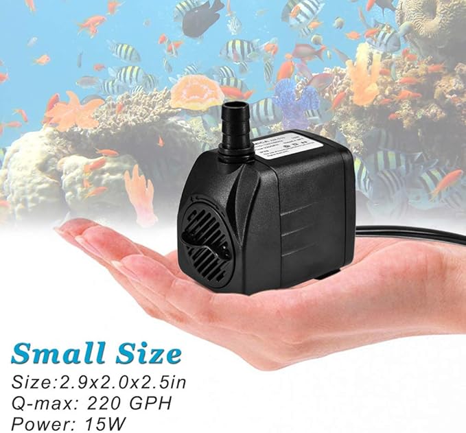 DOMICA 220GPH Ultra Quiet Fountain Pump (15W 800L/H), Small Submersible Pump for Pond, Water Feature, Aquariums, Fish Tanks, Hydroponics, Indoor or Outdoor Fountain (AC Powered)