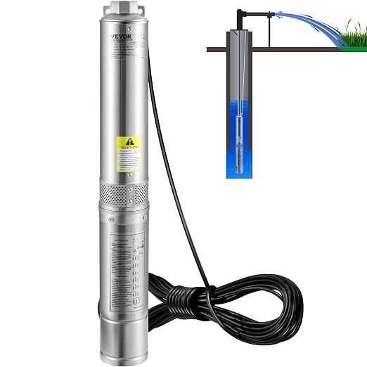 VEVOR Deep Well Submersible Pump, 0.5HP/370W 230V/60Hz, 28GPM 167 ft Head, with 33 ft Electric Cord, 4 inch Stainless Steel Water Pumps for Industrial, Irrigation and Home Use, IP68 Waterproof Grade