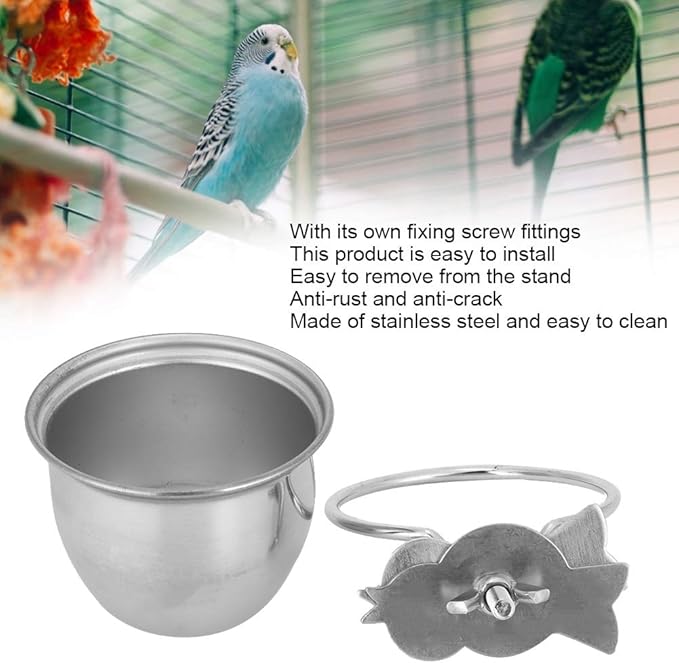 Tyenaza Stainless Steel Parrot Food and Water Coop Cup Bird Feeding Dish Feeder with Clamp Holder