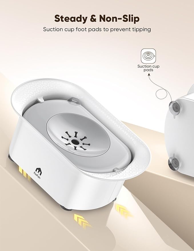 Dog Water Bowl 2.2l/75oz - No Spill Splash-Proof Design, Anti-Slip Suction Base & Slow Flow Dripless Dispenser, Large Capacity Dog Bowl for Messy Drinkers (White- Gray)