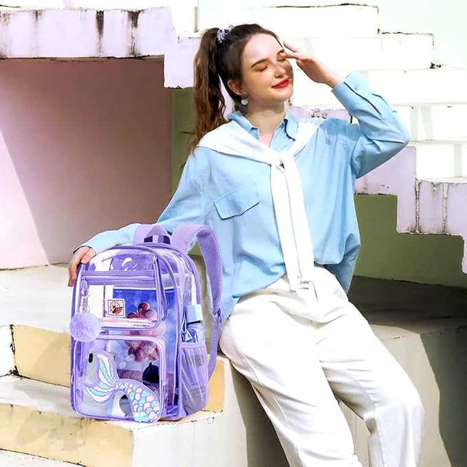 AGSDON 3PCS Clear Backpack for Girls, Kids Mermaid Transparent Backpack with Heavy Duty PVC, See Through Backpacks with Lunch Bag-Purple