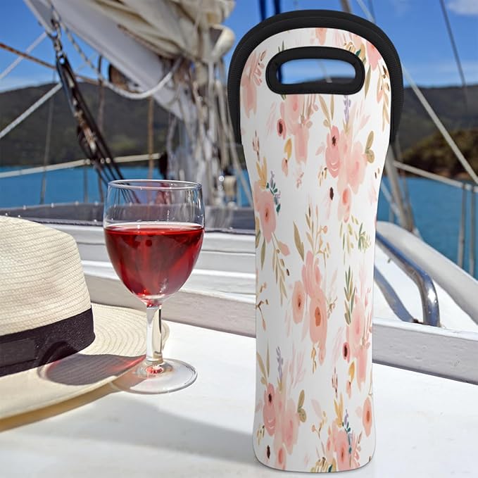Rose Flower Floral Wine Bag Single Bottle Wine Tote Bag Neoprene Wine Carrier Bags with Carry Handle Portable Wine Bottle Holder for Travel Party Picnic