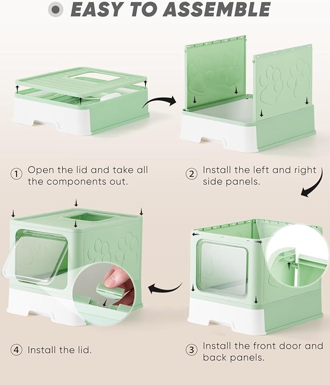 Covered Litter Box, Large Litter Box for Big Cats, Enclosed Cat Litter Boxes with Lid, Top Entry Kitty Litter Box with Scoop, Odor Control, Easy to Clean (Green)