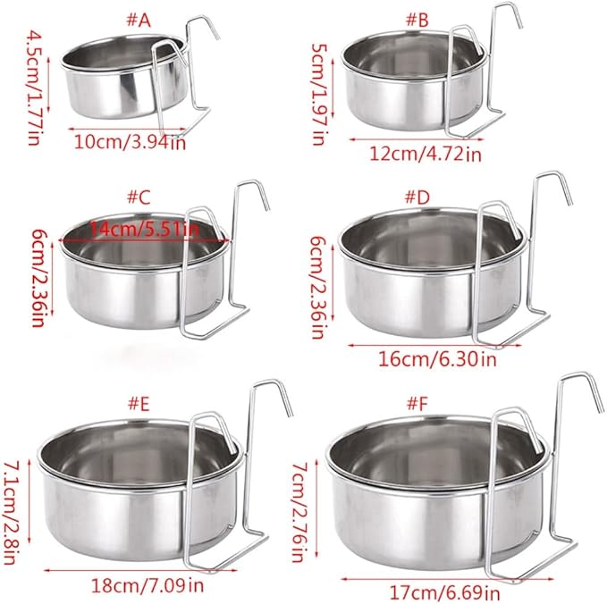 Crate Dog Bowl Stainless Steel Hanging Pet Cage Bowl Food & Water Feeder Coop Cup for Cat Puppy Birds Rats 6 Sizes