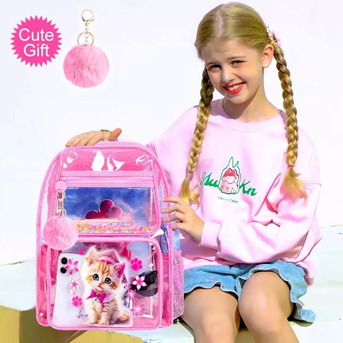 AGSDON 3PCS Clear Backpack for Girls, See Through Backpacks for Kids with Lunch Box, Heavy Duty Transparent Bookbag - Cat