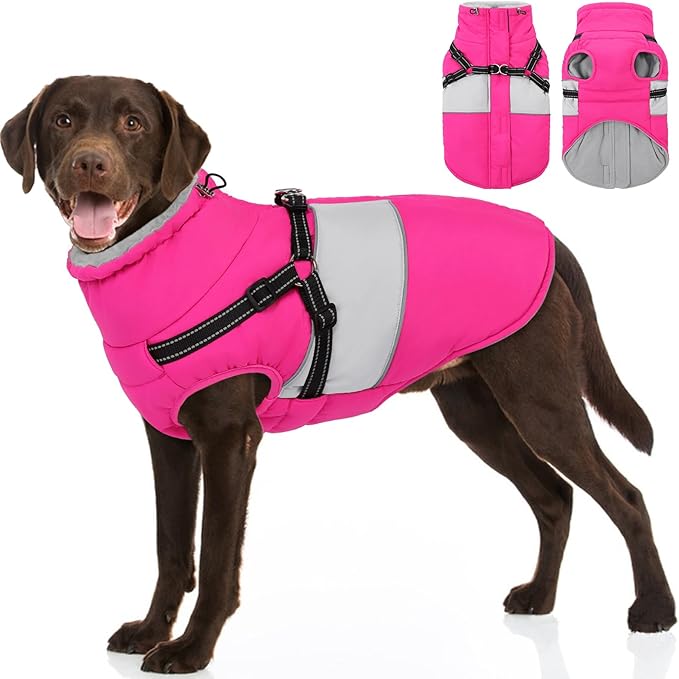 Dog Coat, XXL Dog Jacket Winter with Harness Built in, Waterproof Pet Snow Jacket with Furry Collar for Chilly Day, Reflective Fleece Snowsuit for Extra Large Dogs, Hot Pink 2XL