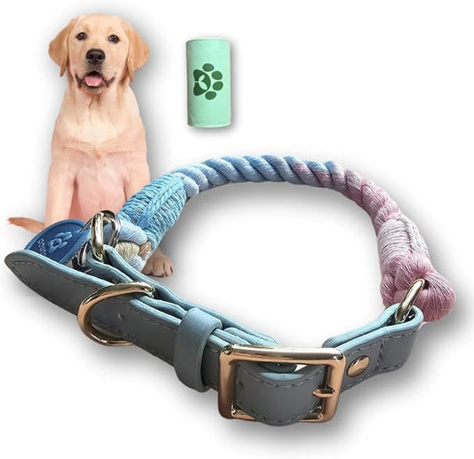 Pawtopia Cotton Rope Collar for Large Dogs, Vegan Leather Handle (Light Blue) with One Complimentary Roll of Dog Poop Bags (15 Bags), Durable Metal Buckle (Soft Rainbow, Large), Give Back