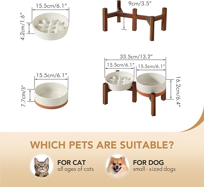 Havniva Elevated Slow Feeder Dog Bowls, 0.9 Cups Slow Feeders 6.1 inch Ceramic Dog Food & Water Bowls Set with Acacia Wood Stand Puzzle Bowls for Fast Eater, Small Dogs Anti-Choking