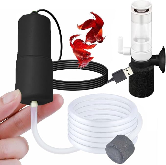 USB Oxygen Air Pump for Aquarium, Quiet Mini Air Pump with 1 Sponge Filter, 1 Air Stone for Shirmp Nano Fish Tank & Transporting Aquatic PA152-1