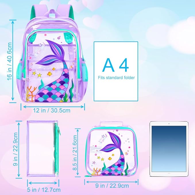 Clear Backpack for Girls and Boys, Kids Transparent Bookbag, 3PCS Cute See Through School Bag for Elementary Prechool