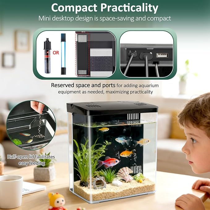 Small Fish Tank 1.2 Gallon Self Cleaning Betta Aquarium Starter Kit with Auto-Cycling Quiet Pump (Filteration & Oxygenation & Circulation) 5-Color LED Desktop Room Aquarium