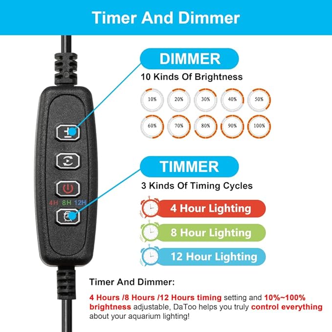 DaToo 10W 18.5inch Submersible Aquarium Light Underwater Fish Tank Light LED Aquarium Light Bar with Timer Auto On/Off and Dimmer Adjustable Brightness, 1 Yr Warranty