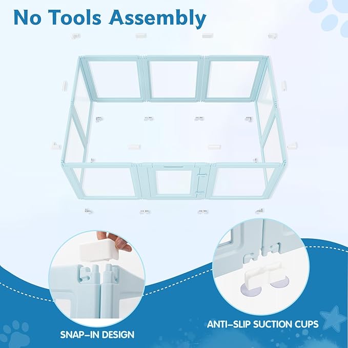 DIY Clear Acrylic Dog Playpen Indoor, Transparent Easy Cleansing Puppy Fence with Suction Cup, Easy-Assemble Indoor Whelping Crate for Small Puppies (23.6" H, 10PCS), Blue