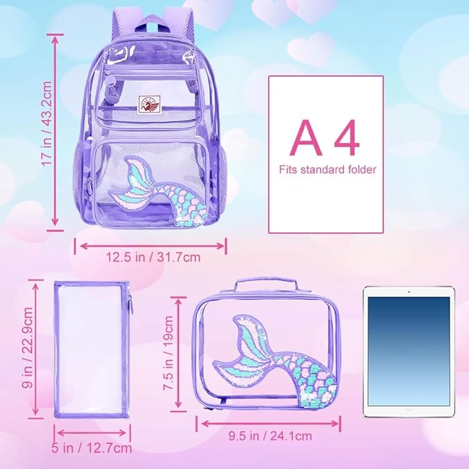 Clear Backpack for Girls and Boys, Kids Transparent Bookbag, 3PCS Cute See Through School Bag for Elementary Prechool