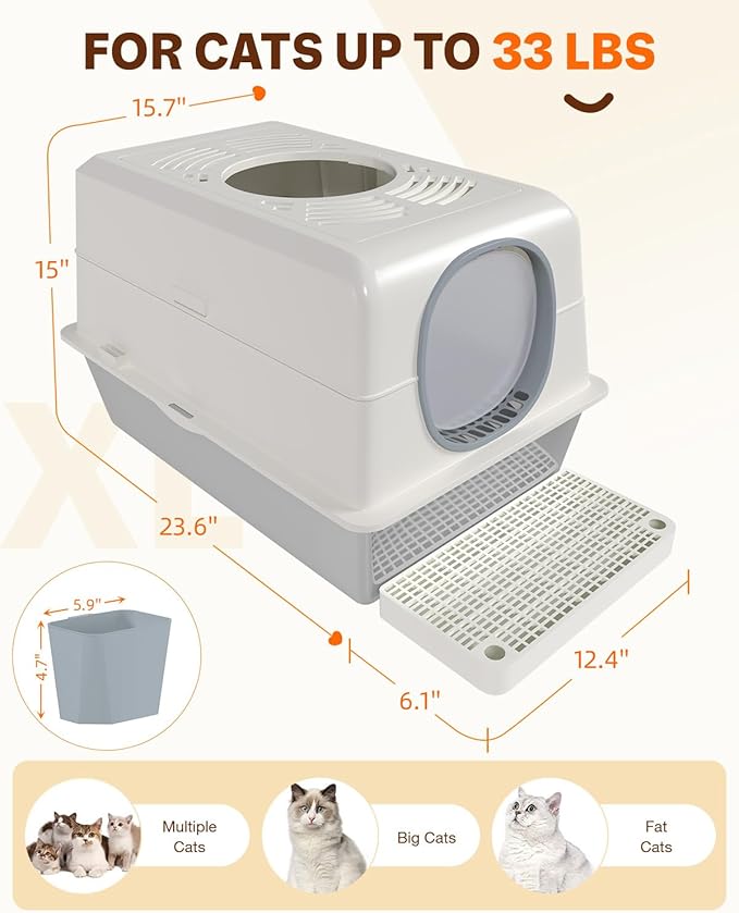XL Stainless Steel Cat Litter Box with Lid, Enclosed High-Sided Top-Entry Design, Large Metal Kitty Litter Box Equipped with Scoop and Trash Bin, White
