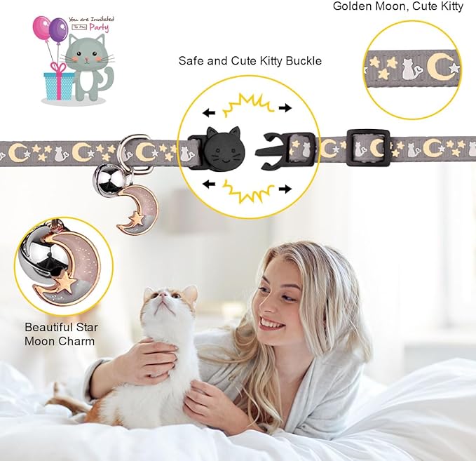 Baeuppit 2PCS Breakaway Cat Collars with Bell Cute Kitty Glow in The Dark Adjustable Kitten Collars 7.9-13.0 Inch(Grey&Black)